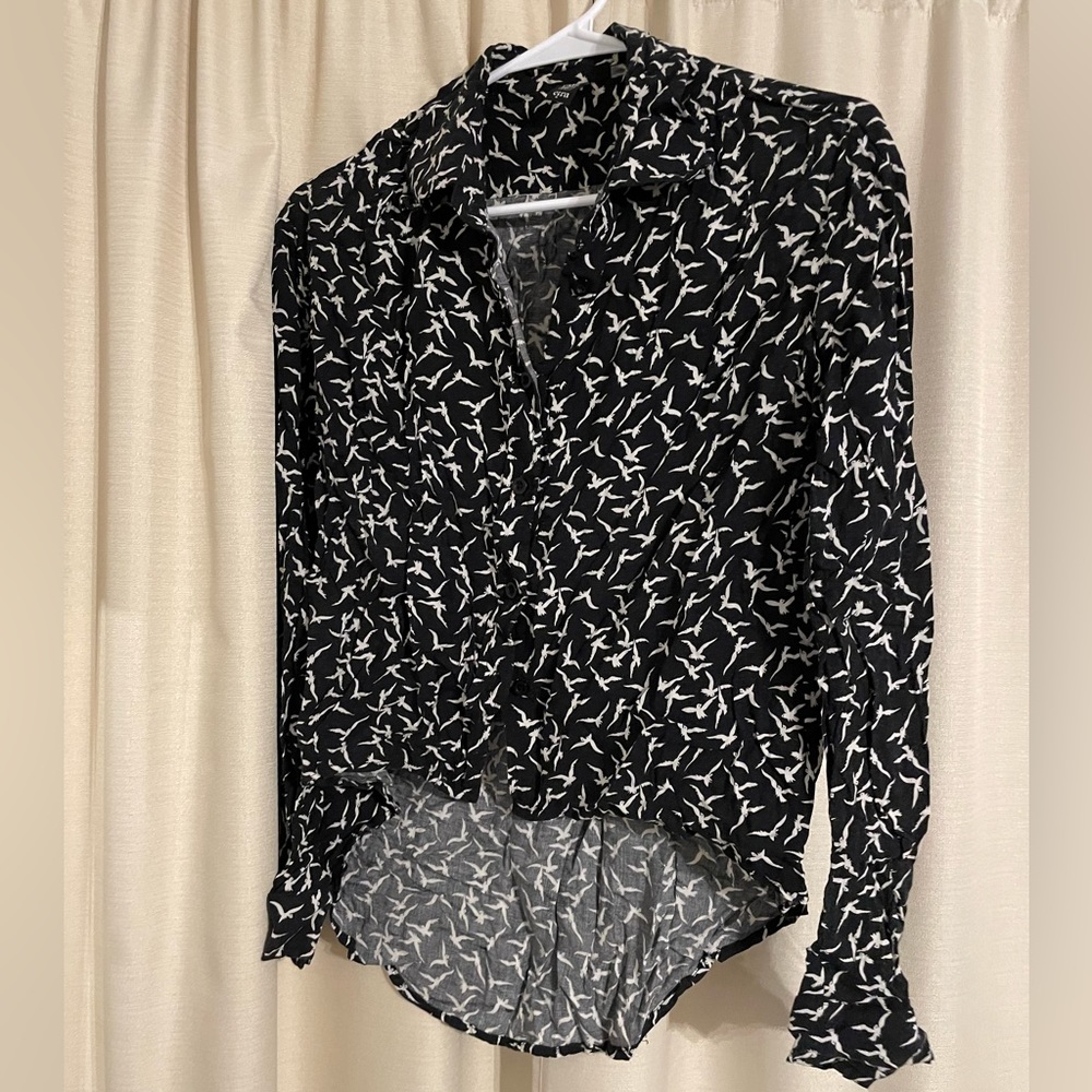 High low black button down with white bird design